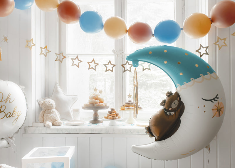 Teddy Bear on the White and Teal Blue Moon Balloon
