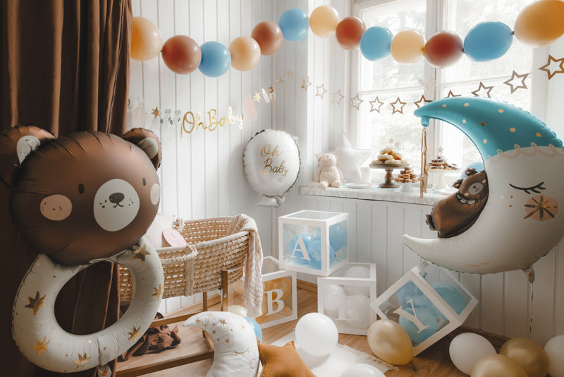 Teddy Bear on the White and Teal Blue Moon Balloon