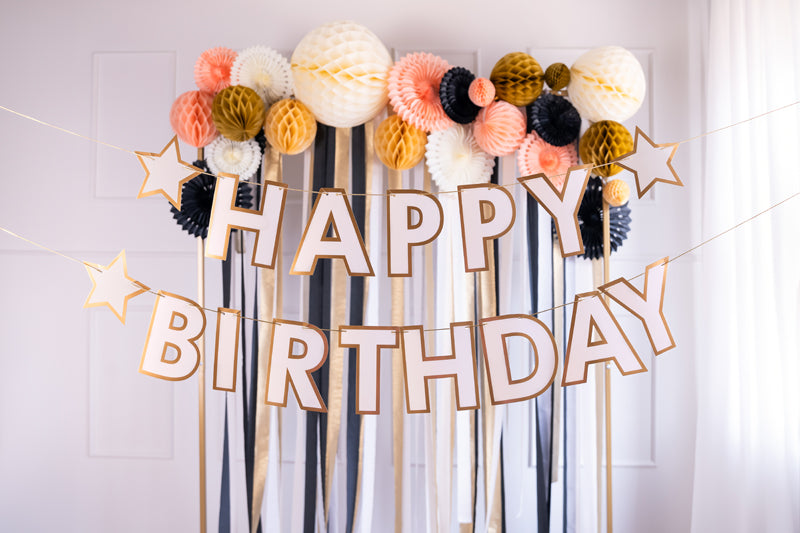 Banner Happy Birthday White and Gold