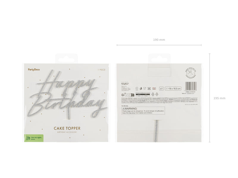 Cake topper Happy Birthday - silver glitter