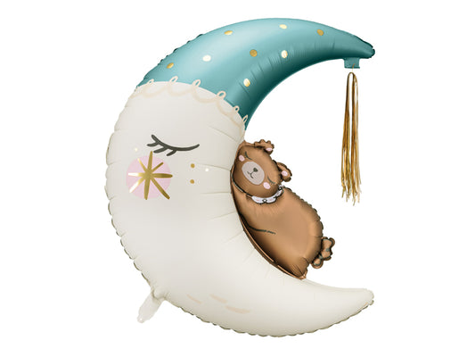 Teddy Bear on the White and Teal Blue Moon Balloon