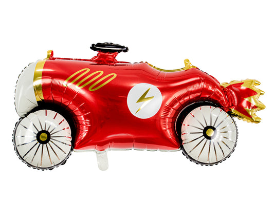 Red race car-shaped balloon with white and gold details on a white background