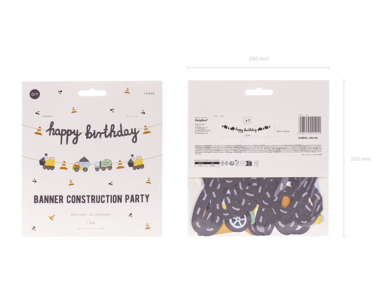 Banner Happy brithday Construction vehicles - 2 m - Assorted Colours