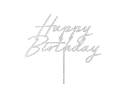 Cake topper Happy Birthday - silver glitter