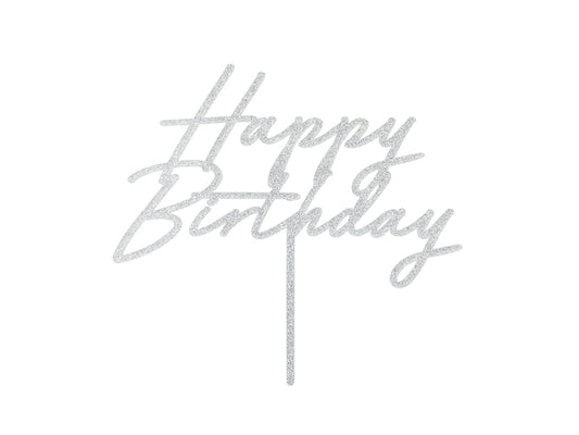 Cake topper Happy Birthday - silver glitter